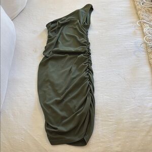 Olive Green Asymmetrical Ruched One-Shoulder Dress